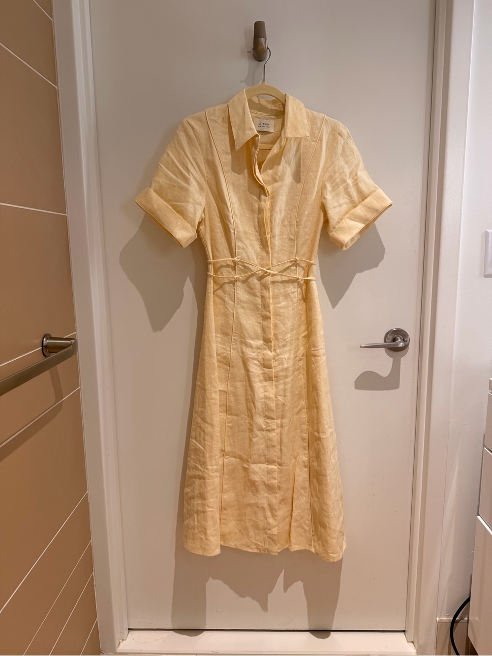DISSH Pale Yellow Linen Midi Shirt Dress with Waist Tie - Picture 1 of 3